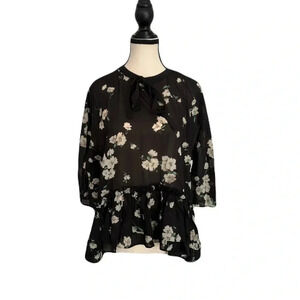 Boutique- Black Floral Blouse-Cottage Core-Whimsical-Fairy-Whimsigoth-M